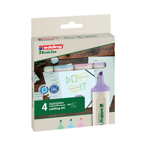 The Edding 24 Ecoline highlighter is designed for the marking and highlighting of text and notes on almost all paper surfaces, making it ideal for school, study and office use. Awarded the Blue Angel eco-label, at least 90% of the cap and barrel are made from renewable resources, making it a carbon neutral product. The chisel tip has a stroke width of 2-5mm and the The pastel-coloured ink is water-based which shines gently and does not bleed through to the next page. The highlighter is refillable with Edding HTK 25 refill and can be refilled and reused several times for an environmentally and economically solution in educational sectors. Supplied in a pack of 4.