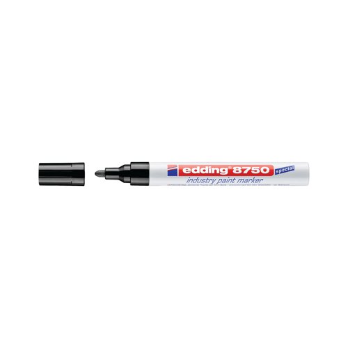 The Edding 8750 industrial paint marker with a high quality aluminium barrel is designed for the permanent labelling of slightly oily, dusty and dark surfaces. The bullet tip has a stroke width of 2-4mm and the permanent ink is lightfast, quick-drying and opaque as well as waterproof, wear-resistant and resistant to salt water. Supplied in black.