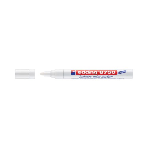 The Edding 8750 industrial paint marker with a high quality aluminium barrel is designed for the permanent labelling of slightly oily, dusty and dark surfaces. The bullet tip has a stroke width of 2-4mm and the permanent ink is lightfast, quick-drying and opaque as well as waterproof, wear-resistant and resistant to salt water. Supplied in white in a pack of 10.
