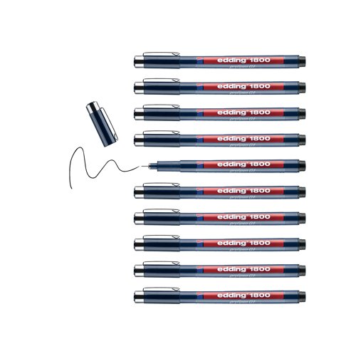 Supplied in a pack of 10, each Edding 1800 Profipen Technical Pen features an ultra-fine, metal-framed tip for exceptional precision when drawing or using stencils. The ultra-fine nib is metal-framed for superb durability, and the pigment-based ink is waterproof and lightfast, for longer-lasting drawings you can rely on. This pack contains 10 pens.