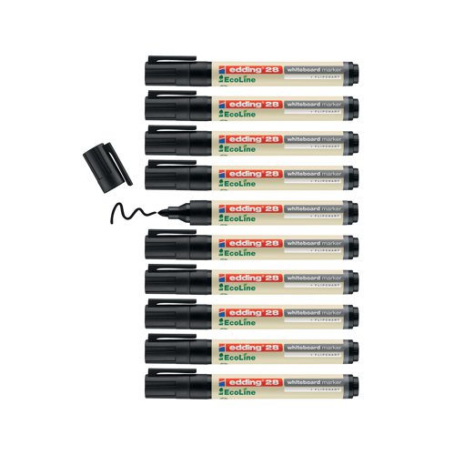 The Edding 28 Ecoline Whiteboard marker is made from 90% percent recycled material, including at least 83% post-consumer materials. It contains lightfast and quick drying ink which is can be wiped from virtually all non-porous surfaces. The cap-off technology means that the cap can be left off for several days without the tip drying out, tested according to ISO 554. The round nib gives a stroke width of 1.5-3.0mm for a bold and clear line.