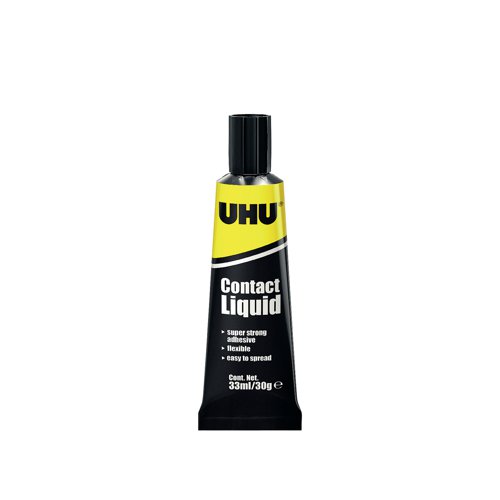 Suitable for surface bonding or laminating materials that require immediate bonding, loading or processing. Bonding wood, board, veneer, plastic and metal panel boards (HPL, Formica, for example), (foam) rubber, leather, cork, canvas, linoleum and polyether foam (sound insulation), and more. This Contact Liquid Adhesive is also ideal for repairing shoes, bags, toys and carpets, or crafts. Supplied in a 33ml tube.