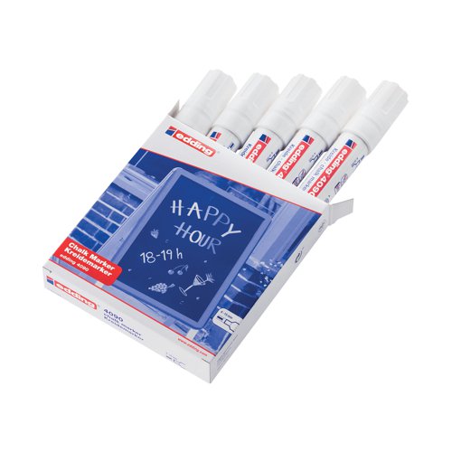 These Edding 4090 Jumbo liquid chalk markers for glass, blackboards and other non-porous surfaces contain a water-based ink that can be wiped off with a damp cloth. The opaque, liquid chalk is light-fast and dust-free; and the marker features a chisel tip for broad letter strokes. Ideal for use in the catering sector, drawing on shop windows and menu boards. Supplied in a pack of 5 white chalk markers.