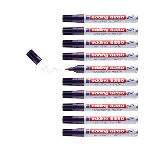 ED78910 | Featuring quick-drying ink that is easily visible under UV light, the Edding 8280 Securitas UV marker is the ideal way to label valuable objects in the the anti-theft and security sector. Containing waterproof, wear-resistant ink, this marker is a safe bet for security marking as well as marking Geocache locations, scavenger hunts with children, and invisible writing. This specialist marker is made in Germany and features a high-quality aluminium barrel. Supplied in a pack of 10.