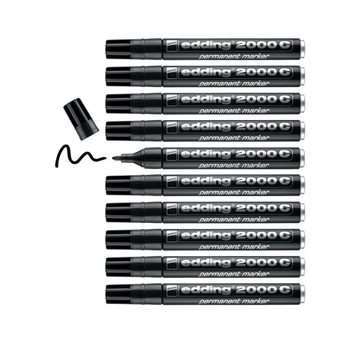 These long lasting and durable markers feature permanent, waterproof ink that works on most surfaces. Resistant to light, water and abrasion, these heavy duty markers are perfect for warehouses, factories and even outdoor use. The bullet tip produces a 1.5-3.0mm line width for bold marking. This pack contains 10 black markers.