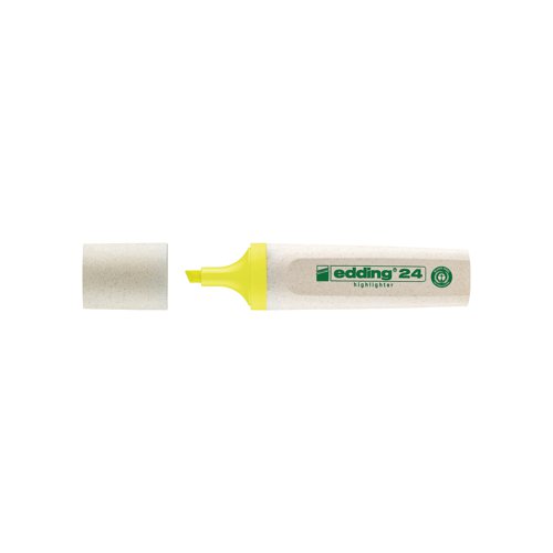 The Edding 24 Ecoline highlighter is designed for the luminous marking and highlighting of text and notes on almost all paper surfaces. Awarded the Blue Angel eco-label, at least 90% of the cap and barrel are made from renewable resources, making it a climate neutral product in accordance with ClimatePartner-ID 13742-1910-1001. The chisel tip has a stroke width of 2-5mm and the water-based neon ink boasts outstanding colour brilliance. The highlighter is refillable with Edding HTK 25 refill service. Supplied in a pack of 10 yellow pens.