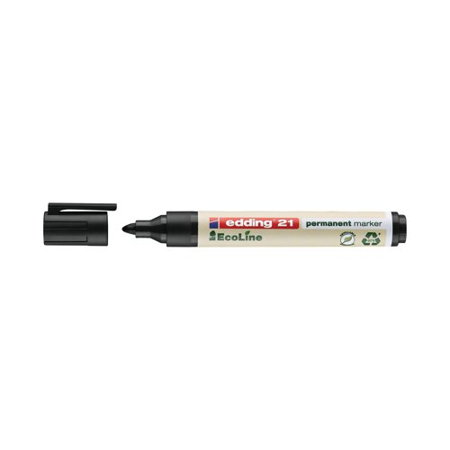 The Edding 21 Ecoline permanent marker is designed for marking and labelling almost all materials, including: paper, cardboard, metal, plastic and glass. With at least 90% of the plastic made from recycled materials and 83% of it is post-consumer, it is Climate neutral in accordance with ClimatePartner-ID 13742-1910-1001. The bullet tip has a stroke width of 1.5-3mm with waterproof ink which is wear-resistant on almost all surfaces. Fully refillable with the Edding MTK 25 refill service and Edding T 25, T 100 and T 1000 refill inks, which are low-odour and without added toluene/xylene. Suplied in a pack of 10 black markers.