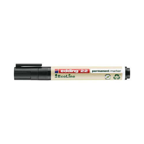 The Edding 22 Ecoline permanent marker is designed for marking and labelling almost all materials, including: paper, cardboard, metal, plastic and glass. With at least 90% of the plastic made from recycled materials and 83% of it is post-consumer, it is Climate neutral in accordance with ClimatePartner-ID 13742-1910-1001. The chisel tip has a stroke width of 1-5mm with waterproof ink which is wear-resistant on almost all surfaces. Fully refillable with the Edding MTK 25 refill service and Edding T 25, T 100 and T 1000 refill inks which are low-odour and without added toluene/xylene. Suplied in a pack of 10 black markers.