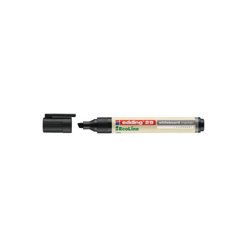 The Edding 29 Ecoline whiteboard marker is designed for writing and marking on whiteboards and flipcharts. At least 90% of the total plastic used in the marker is made from recycled material with 83% post-consumer, meaning that this climate neutral marker conforms to ClimatePartner-ID 13742-1910-1001. The writing can be wiped from all non-porous surfaces such as enamel and melamine with a dry cloth. The chisel tip has a stroke width of 1-5mm and features 'cap-off' technology, meaning that the cap can be left open for several days without the marker drying out. The ink is lightfast and quick-drying and the marker is refillable with Edding BTK 25 refill service and Edding BT 30 refill ink. Supplied in a pack of 10 black marker pens.