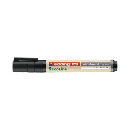 The Edding 29 Ecoline whiteboard marker is designed for writing and marking on whiteboards and flipcharts. At least 90% of the total plastic used in the marker is made from recycled material with 83% post-consumer, meaning that this climate neutral marker conforms to ClimatePartner-ID 13742-1910-1001. The writing can be wiped from all non-porous surfaces such as enamel and melamine with a dry cloth. The chisel tip has a stroke width of 1-5mm and features 'cap-off' technology, meaning that the cap can be left open for several days without the marker drying out. The ink is lightfast and quick-drying and the marker is refillable with Edding BTK 25 refill service and Edding BT 30 refill ink. Supplied in a pack of 10 black marker pens.