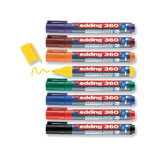 These Edding 360 Drywipe Markers can be used on most non-porous surfaces including enamel, glass and melamine. The low odour ink is quick drying, light resistant and wipes clean easily. The marker can also be left uncapped for up to 3 days without drying out. The bold bullet tip writes a 1.5 - 3.0mm line width. This assorted pack contains 8 markers in black, blue, red, green, yellow, orange, brown and violet.