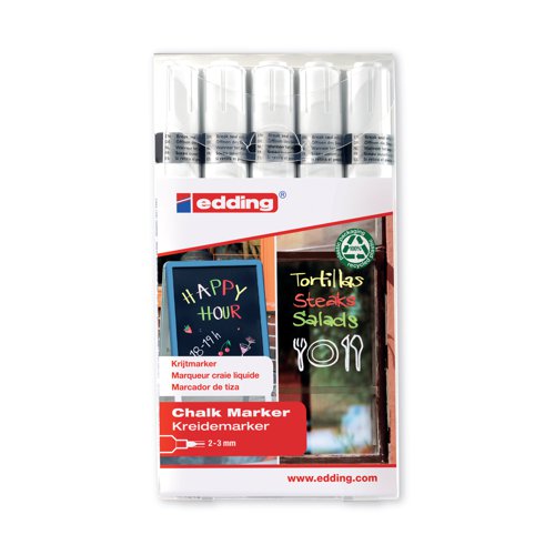 These Edding 4095 liquid chalk markers for glass, blackboards and other non-porous surfaces contain a water-based ink that can be wiped off with a damp cloth. The opaque, liquid chalk is light-fast and dust-free; and the marker features a medium bullet tip for drawing. Ideal for use in the catering sector, drawing on shop windows and menu boards. Supplied in a pack of 5 white chalk markers.