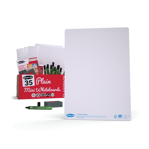 EG60021 | This Show-me classroom pack contains 35 plain, double sided A4 whiteboards, 35 medium black drywipe markers, 35 erasers and a bottle of 100ml MAGIX whiteboard cleaner. The A4 whiteboards are great for all kinds of classroom activities including drawing, spelling, handwriting, mathematics and more.