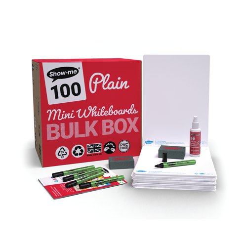 EG60022 | This Show-me classroom pack contains 100 plain, double sided A4 whiteboards, 100 medium black drywipe markers, 100 erasers and a bottle of 100ml MAGIX whiteboard cleaner. The A4 whiteboards are great for all kinds of classroom activities including drawing, spelling, handwriting, mathematics and more.