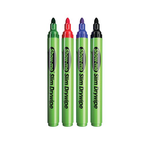 Ideal for classroom use, these Show-me Drywipe Markers feature a slim barrel and an extra hard, anti-splay nib. The markers contain low odour, xylene-free ink, with an air flow cap for safety. These markers also have a cap off time of up to 24 hours. This pack contains 48 assorted medium tip markers. Show-me whiteboard pens are ideal for use on whiteboards of all sizes, but work particularly well on Show-me Boards.
