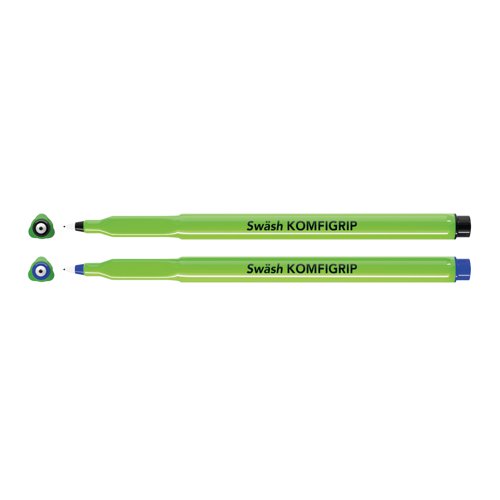 EG60233 | Designed to aid children's handwriting practice, this Swash KOMFIGRIP pen features a unique triangular grip to help encourage correct finger positioning and a hard wearing, pressure resistant tip to withstand heavy duty use. The high quality ink is quick drying, washable and designed for minimum bleed through. The pen also features a clear, ventilated lid and can be left uncapped for up to 14 days without drying out. This pack contains 12 pens with black ink.