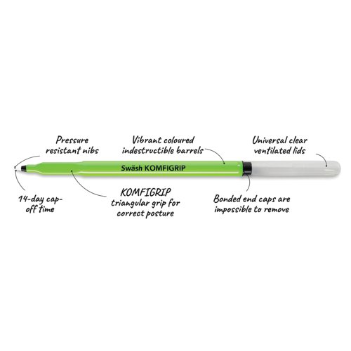 Designed to aid children's handwriting practice, this Swash KOMFIGRIP pen features a unique triangular grip to help encourage correct finger positioning and a hard wearing, pressure resistant tip to withstand heavy duty use. The high quality ink is quick drying, washable and designed for minimum bleed through. The pen also features a clear, ventilated lid and can be left uncapped for up to 14 days without drying out. This bulk pack contains 300 pens with black ink.