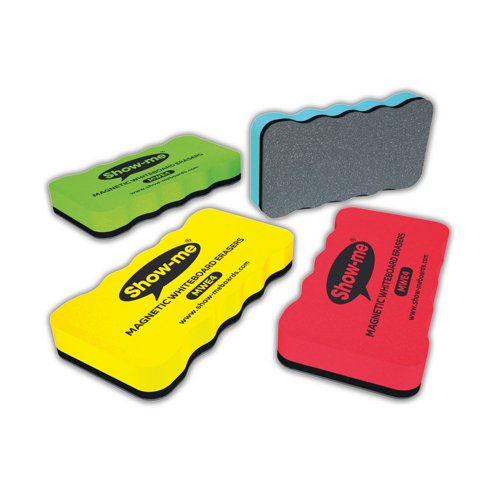 These magnetic whiteboard erasers are for use on drywipe boards. Soft to the touch and ergonomically shaped, these erasers are an ideal purchase for teachers. These colourful erasers help to keep your whiteboards in top shape and come in four assorted colours: green, pink, yellow and blue.