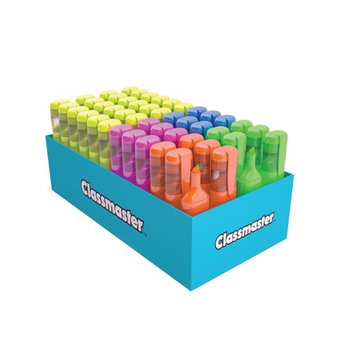 Ideal for classrooms, these Classmaster highlighters contain bright and vibrant fluorescent ink for marking, underlining and highlighting notes, texts and more. The highlighters feature a chunky barrel, chisel tip and a pocket clip on the lid. This class pack contains 48 highlighters in assorted colours (24 x yellow, 6 x green, 6 x blue and 6 x orange).