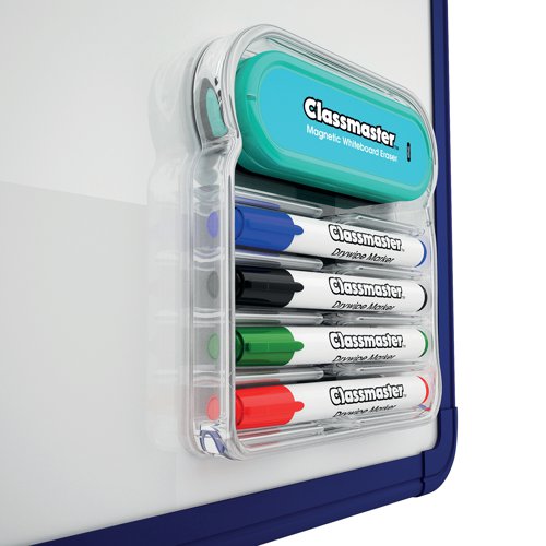This handy Classmaster Magnetic Whiteboard Organiser is suitable for use with wall-mounted magnetic whiteboards and provides convenient storage for, and access to, your drywipe markers and whiteboard eraser. The handy organiser contains space for up to 4 markers and 1 eraser. This organiser comes supplied with 4 bullet tip drywipe markers in black, blue, red and green, and a large magnetic whiteboard eraser.