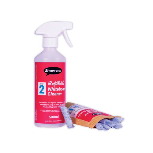 Show-Me Whiteboard Cleaner in a pack of 6 soluble sachets makes up to 3 litres of whiteboard cleaner. Simply pop a sachet into your existing bottle and add water to dissolve. Use to remove daily residue from all whiteboard surfaces, leaving a long lasting shine. Using sachets reduces single-use plastic and shipping emissions, while also saving money.