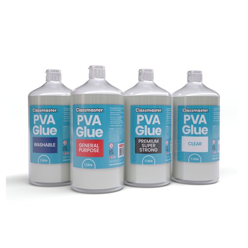 This Blue Label PVA glue is ideal for classroom use, crafts and more. Formulated with 18% glue solids, the glue is white in colour and dries to a clear finish. Fully washable, it is developed with young children in mind and features a handy screw cap for easy dispensing. Supplied in a 1 Litre bottle.