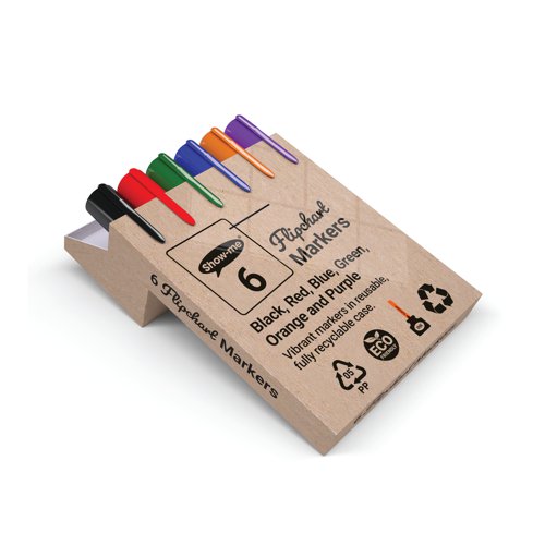 EG63432 | These premium, bullet tip, flipchart markers contain a high performance ink that is safe, bleed-resistant and washable. The 24-hour cap-off time prevents the pens from drying out when the lids are removed and left off accidentally. Featuring a handy display-stand box suitable for quick swapping of colours whenever needed. Supplied in 6 vibrant assorted colours of black, red, blue, green, purple and orange.
