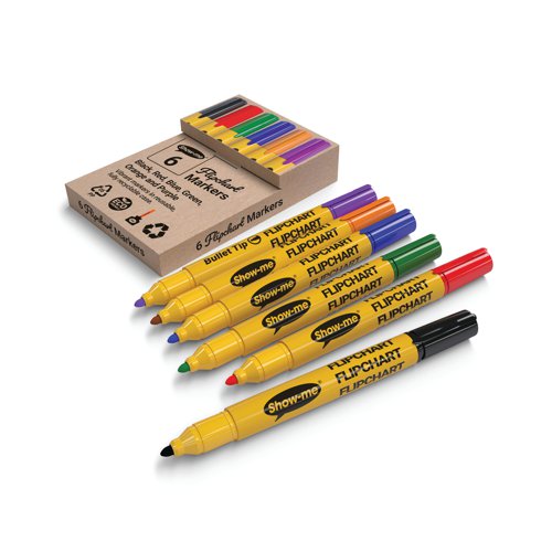EG63432 | These premium, bullet tip, flipchart markers contain a high performance ink that is safe, bleed-resistant and washable. The 24-hour cap-off time prevents the pens from drying out when the lids are removed and left off accidentally. Featuring a handy display-stand box suitable for quick swapping of colours whenever needed. Supplied in 6 vibrant assorted colours of black, red, blue, green, purple and orange.