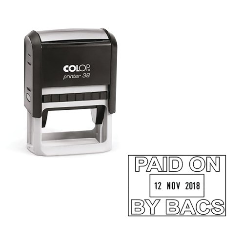 EM00807 COLOP Printer 38 Self Inking Date and Message Stamp PAID ON BY BACS C133751BAC