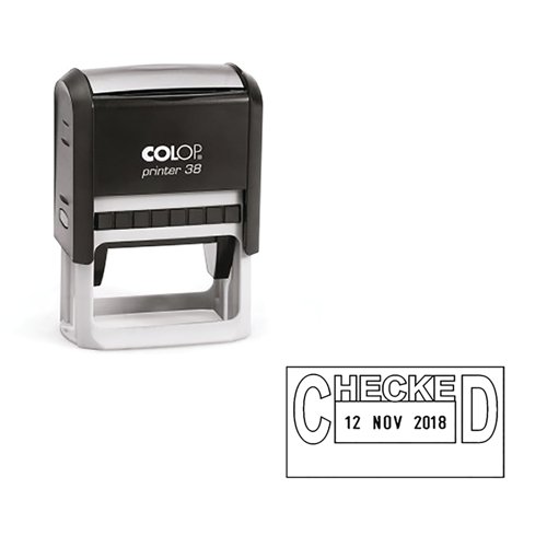 EM00808 | This COLOP self-inking stamp prints both text and the date, with an impression size of 33 x 56mm and a date height of 4mm. This stamp prints the word CHECKED and the date to help keep your records up to date. Printing thousands of impressions, simply replace the ink pad with a spare E/38 (available separately) when necessary. This stamp has a blue plastic handle and prints in black.