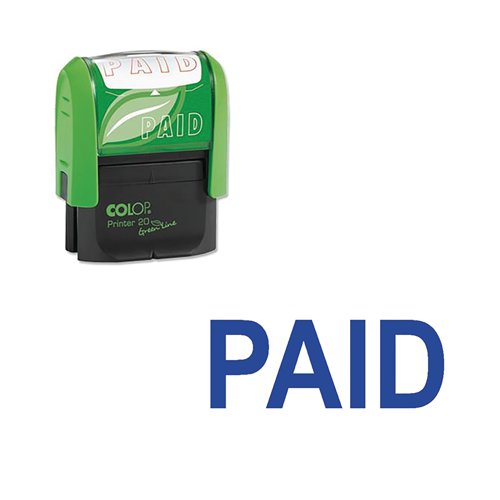 EM00813 | This environmentally friendly, self-inking COLOP Green Line Word Stamp is made from a minimum of 65% recycled materials. The stamp prints the word PAID in blue to help keep your records organised and updated. This stamp has an impression size of 38 x 14mm. The stamp will print thousands of impressions before a replacement ink pad is needed.