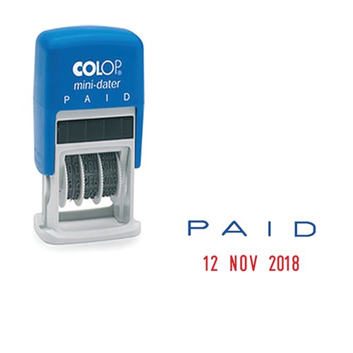 This handy, portable COLOP mini text and date stamp combines a 4.0mm date with the word PAID for organised records and filing. The stamp prints an impression size of 25 x 12mm with the text printing in blue and the date in red. Replacement stamp pads are available separately.