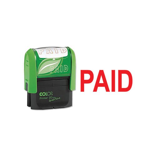 This environmentally friendly, self-inking COLOP Green Line Word Stamp is made from a minimum of 65% recycled materials. The stamp prints the word PAID in red to help keep your records organised and updated. This stamp has an impression size of 38 x 14mm. The stamp will print thousands of impressions before a replacement ink pad is needed.