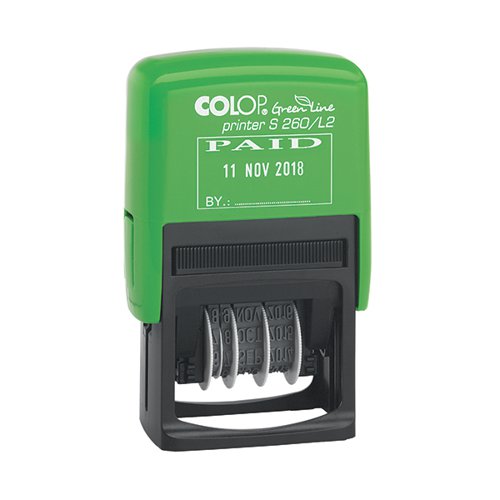COLOP S260/L2 Green Line Text and Date Stamp PAID GLS260L2 EM42442 Buy online at Office 5Star or contact us Tel 01594 810081 for assistance