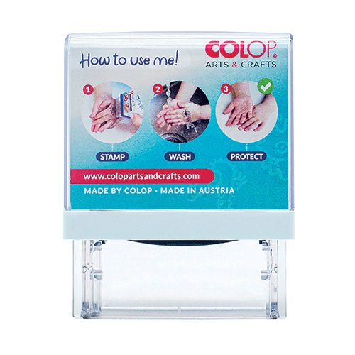 This Colop stamp will make hand washing fun for children, encouraging them to wash their hands at regular intervals during the day. Simply stamp the palms and backs of hands with the dermatologically tested ink and watch the imprint gradually fade away through regular hand washing. Offering 3,000 impressions, the certified ink, along with the added protection of Microban antibacterial solution on the stamp, means children can protect themselves from the spread of germs in a playful way.