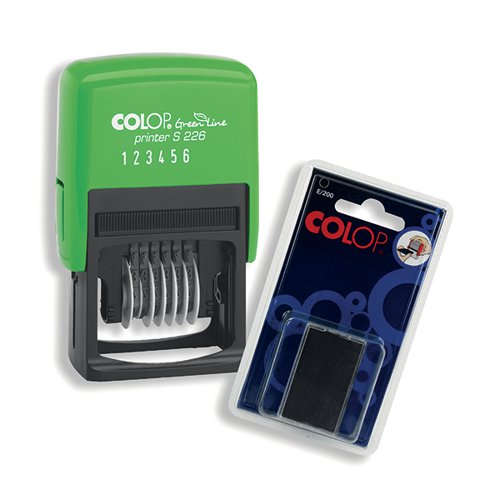 This environmentally friendly, self inking COLOP S226 Green Line Numbering Stamp is made from a minimum of 65% recycled materials. The stamp features 6 numbering bands from 0-9 and prints an impression size of 22 x 4mm. Included in this offer is a free pack of 2 black Colop E/200 Replacement Ink Pads E200BK. While stocks last.
