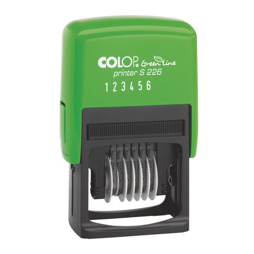 This environmentally friendly, self inking COLOP S226 Green Line Numbering Stamp is made from a minimum of 65% recycled materials. The stamp features 6 numbering bands from 0-9 and prints an impression size of 22 x 4mm. Included in this offer is a free pack of 2 black Colop E/200 Replacement Ink Pads E200BK. While stocks last.