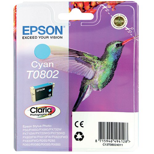 Epson T0802 Photographic Ink Cartridge Claria Cyan C13T08024011