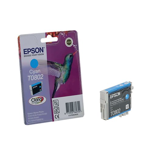 Choose a genuine Epson T0802 Cyan Inkjet Cartridge for outstanding print output from your Epson Stylus printer. This cartridge is packed with high quality Epson Claria ink for even more vibrant photos, giving you superb results across anything from business documents to school reports, posters to photo prints. Each cartridge contains 7.4ml of cyan ink, with a print yield of up to 935 pages.