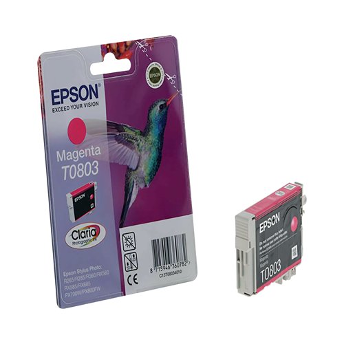 Choose a genuine Epson T0803 Magenta Inkjet Cartridge for outstanding print output from your Epson Stylus printer. This cartridge is packed with high quality Epson Claria ink for even more vibrant photos, giving you superb results across anything from business documents to school reports, posters to photo prints. Each cartridge contains 7.4ml of magenta ink, with a print yield of up to 460 pages.