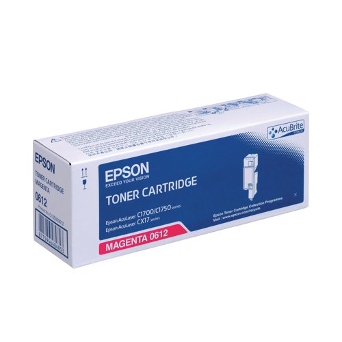 Install a genuine Epson toner cartridge in your AcuLaser C1700/C1750/CX17 series laser printer for exceptional reliability and print performance. With Epson AcuBrite toner, this high capacity magenta cartridge will print up to 1,400 pages.