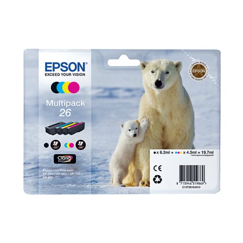 Epson 26 Ink Cartridge Claria Premium Polar Bear Multipack CMYK C13T26164010