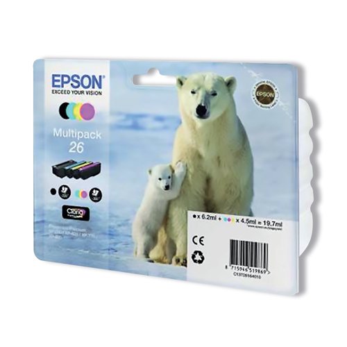 Epson 26 premium ink produces crisp, clear text documents and outstanding, glossy photos with sharp detail and rich, vibrant colours. Epson individual inks give you further savings as you only need to replace the colour used. Developed to work hand-in-hand with Epson printers to produce the best results time and time again. Photos printed with Claria Premium Ink can last up to 300 years when stored in a photo album. Easy to install. Pack contains one each T2601 (Black), T2612 (Cyan), T2613 (Magenta), T2614 (Yellow).