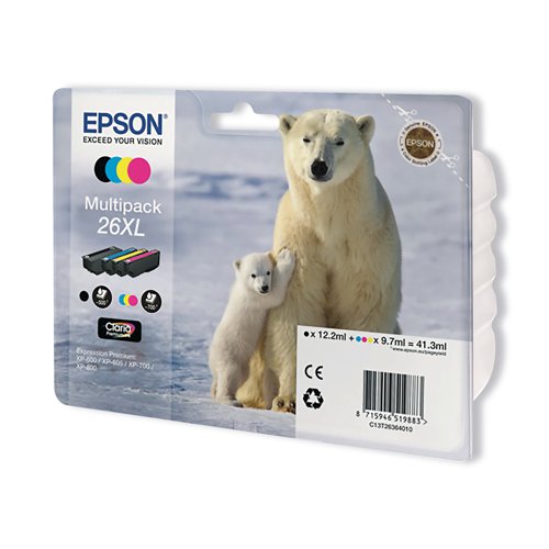 Epson 26XL premium ink produces crisp, clear text documents and outstanding, glossy photos with sharp detail and rich, vibrant colours. High yield ink cartridges offer great value for money for high volume printing. Epson individual inks give you further savings as you only need to replace the colour used. Developed to work hand-in-hand with Epson printers to produce the best results time and time again. Photos printed with Claria Premium Ink can last up to 300 years when stored in a photo album. Easy to install. Pack contains one each T2621 (Black), T2632 (Cyan), T2633 (Magenta), T2634 (Yellow).