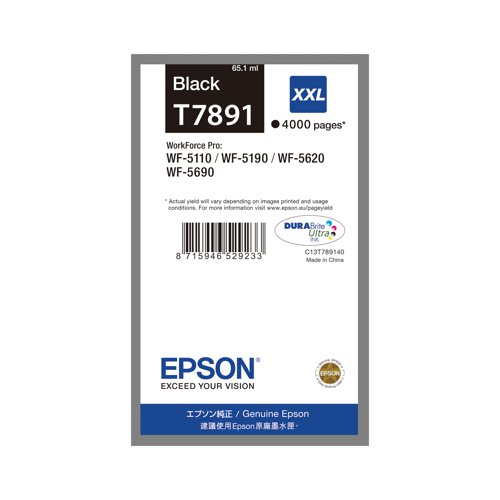 This genuine Epson T7891 inkjet cartridge is packed with 65.1ml of black ink for an exceptionally high print yield up to 4,000 pages. DURABrite Ultra ink ensures bright and crisp results, every time. Compatible with the WorkForce Pro WF-5110DW, WF-5190DW, WF-5620DWF and WF-5690DWF.