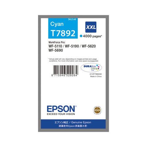 This genuine Epson T7892 inkjet cartridge is packed with 34.2ml of cyan ink for an exceptionally high print yield of up to 4,000 pages. DURABrite Ultra ink ensures bright and crisp results, every time. Compatible with the WorkForce Pro WF-5110DW, WF-5190DW, WF-5620DWF and WF-5690DWF.