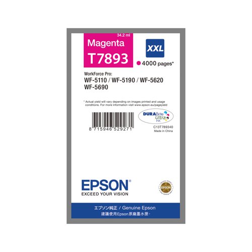This genuine Epson T7893 inkjet cartridge is packed with 34.2ml of magenta ink for an exceptionally high print yield of up to 4,000 pages. DURABrite Ultra ink ensures bright and crisp results, every time. Compatible with the WorkForce Pro WF-5110DW, WF-5190DW, WF-5620DWF and WF-5690DWF.
