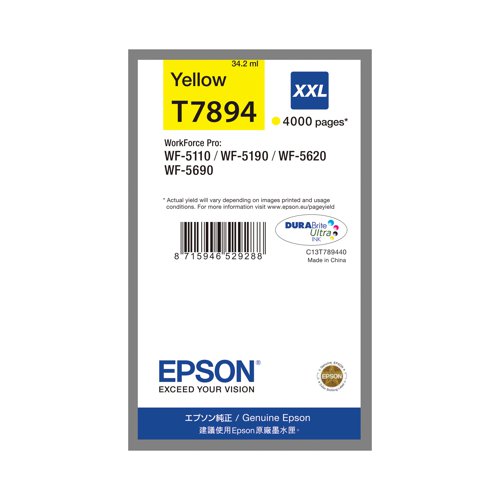 This genuine Epson T7894 inkjet cartridge is packed with 34.2ml of yellow ink for an exceptionally high print yield of up to 4,000 pages. DURABrite Ultra ink ensures bright and crisp results, every time. Compatible with the WorkForce Pro WF-5110DW, WF-5190DW, WF-5620DWF and WF-5690DWF.