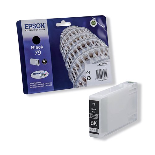 This genuine Epson 79 inkjet cartridge is packed with 14.4ml of black ink to print up to 900 pages. DURABrite Ultra ink ensures bright and crisp results, every time. Compatible with the WorkForce Pro WF-4630DWF, WF-4640DTWF, WF-5110DW, WF-5190DW, WF-5620DWF and WF-5690DWF.