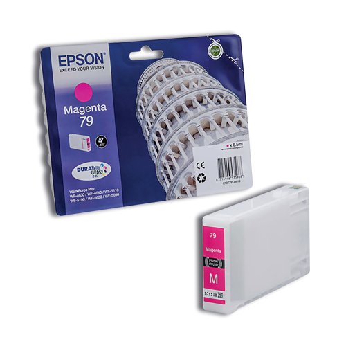 This genuine Epson 79 inkjet cartridge is packed with 6.5ml of magenta ink to print up to 800 pages. DURABrite Ultra ink ensures bright and crisp results, every time. Compatible with the WorkForce Pro WF-4630DWF, WF-4640DTWF, WF-5110DW, WF-5190DW, WF-5620DWF and WF-5690DWF.